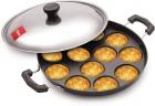 Tosaa 12 Cavity Appam Patra Side Handle with Lid, 23 cm, Black