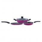 Wonderchef Trivia Premium Cookware Set of 4 Pieces - Purple, 1-Frying Pan 24cm, 1-Dosa Tawa 24cm, 1-Wok 24cm with Lid