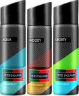 Peter England Fresh Fragrance Aqua, Woody, Sporty Combo Deodorant Spray - For Men  (450 ml, Pack of 3)