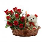 FloraIndia Red Roses with Teddy Basket (Bunch of 11)